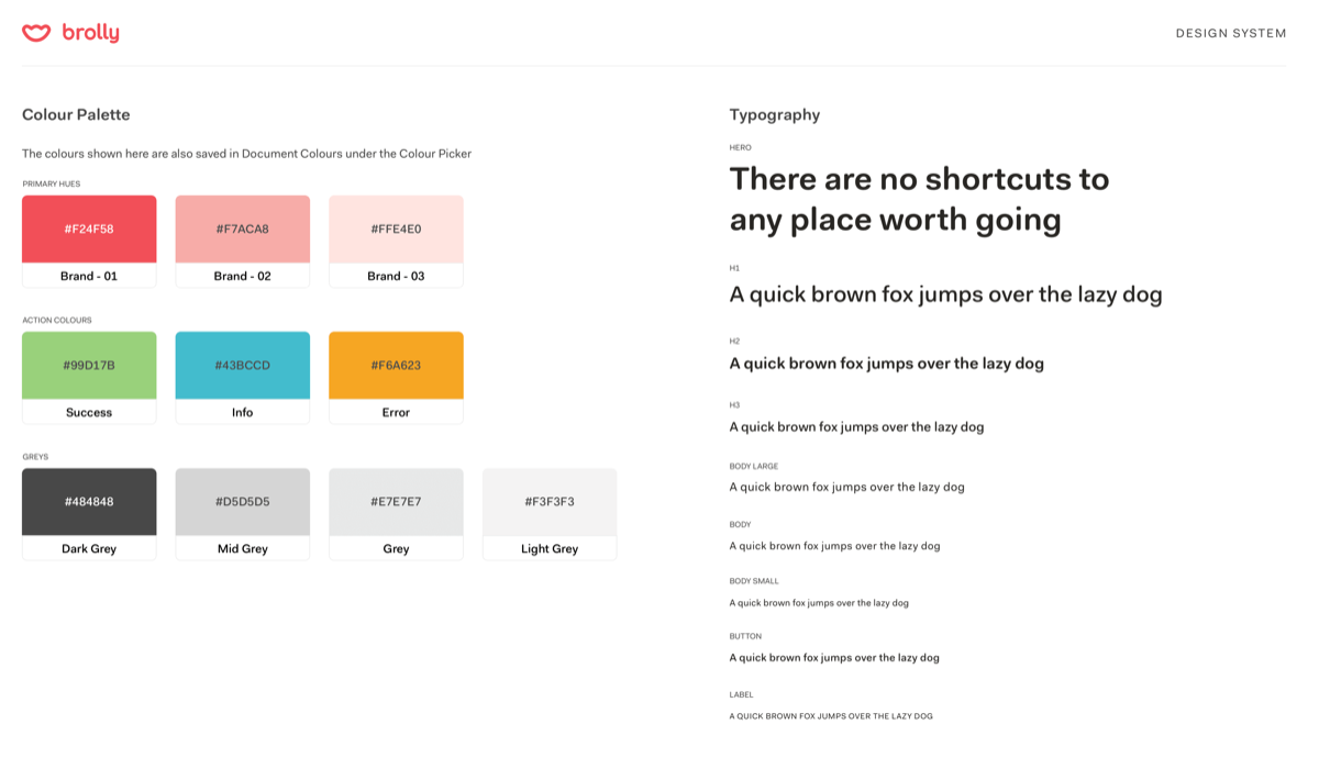 Brolly's design system showing the colour palette and typographic scale