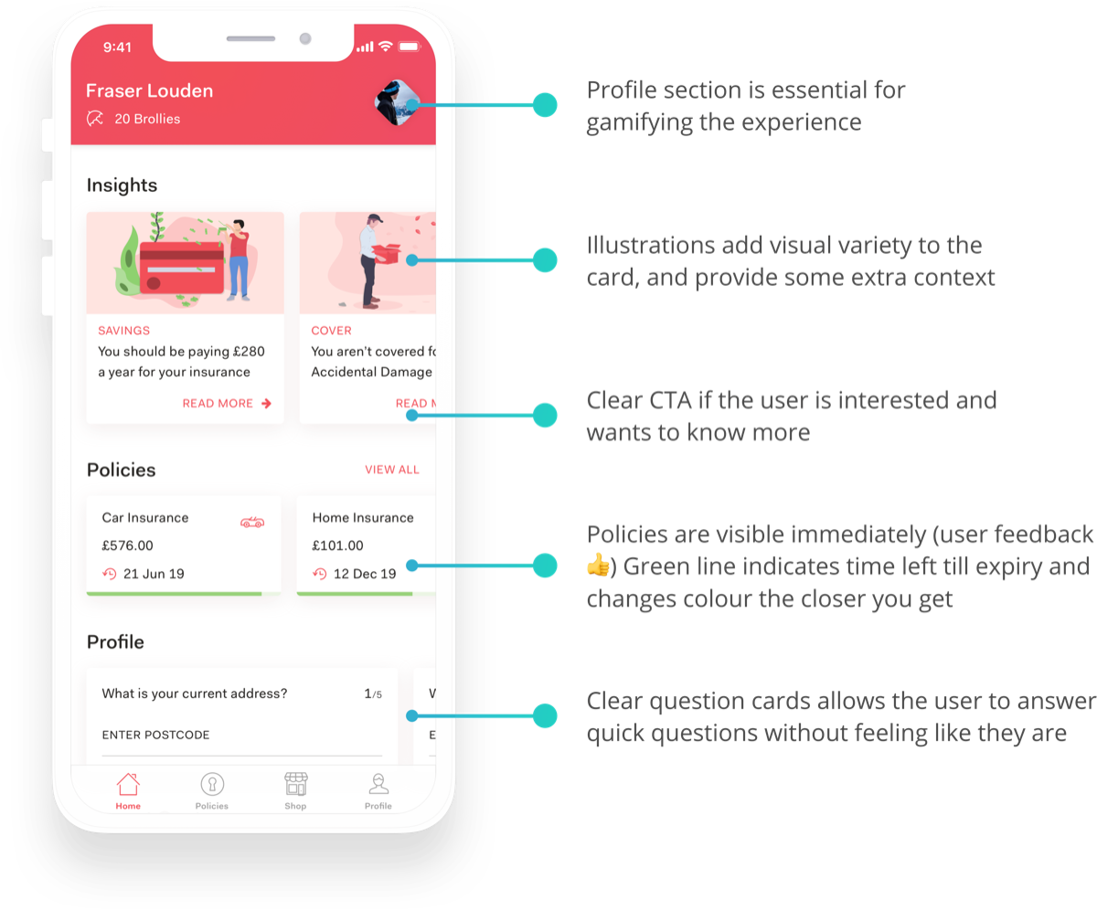 Brolly app policy detail screens with annotations