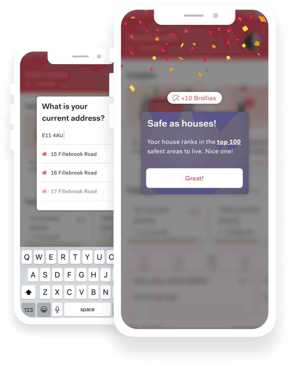 Two Brolly app screens showing the address lookup and details flow