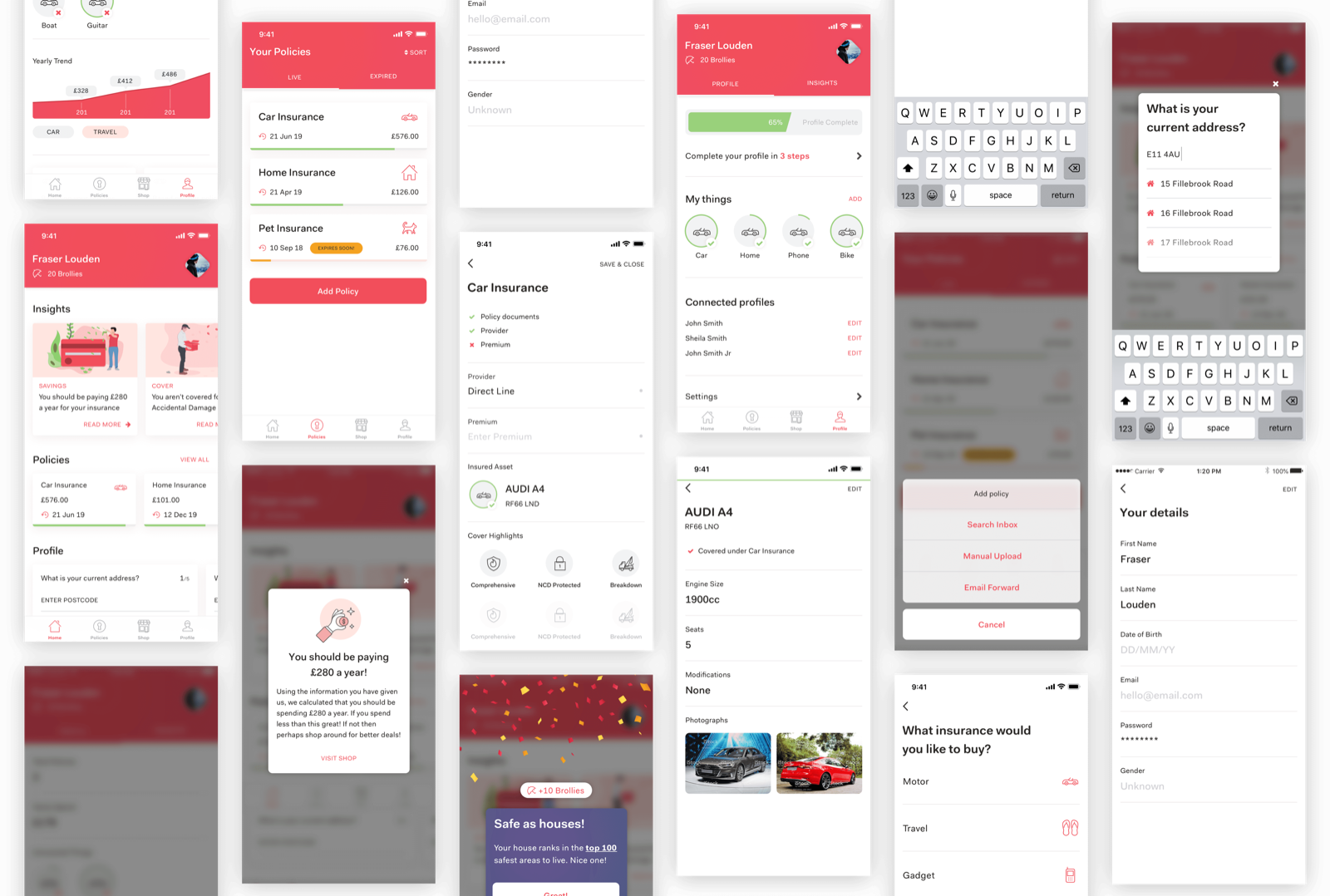 A grid of Brolly app screens showing insights, policies, and profile flows
