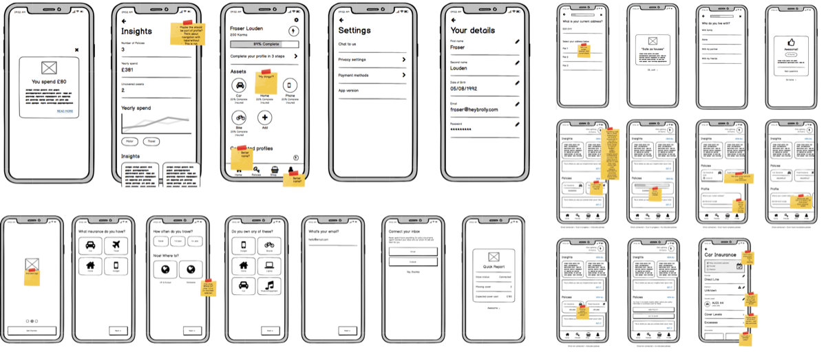 A grid of hand-drawn wireframes for the Brolly app