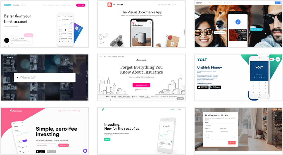A grid of competitor websites and content reviewed during discovery