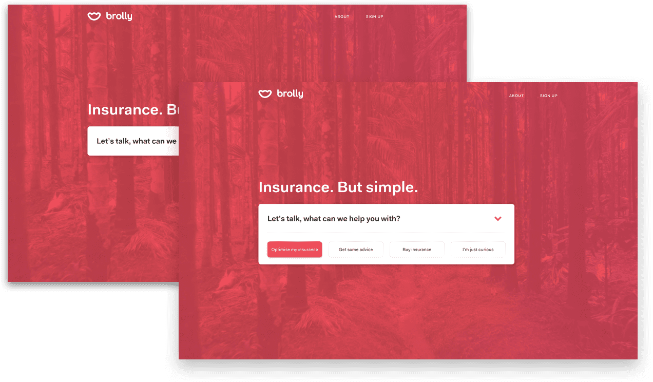 Two versions of the Brolly website hero section