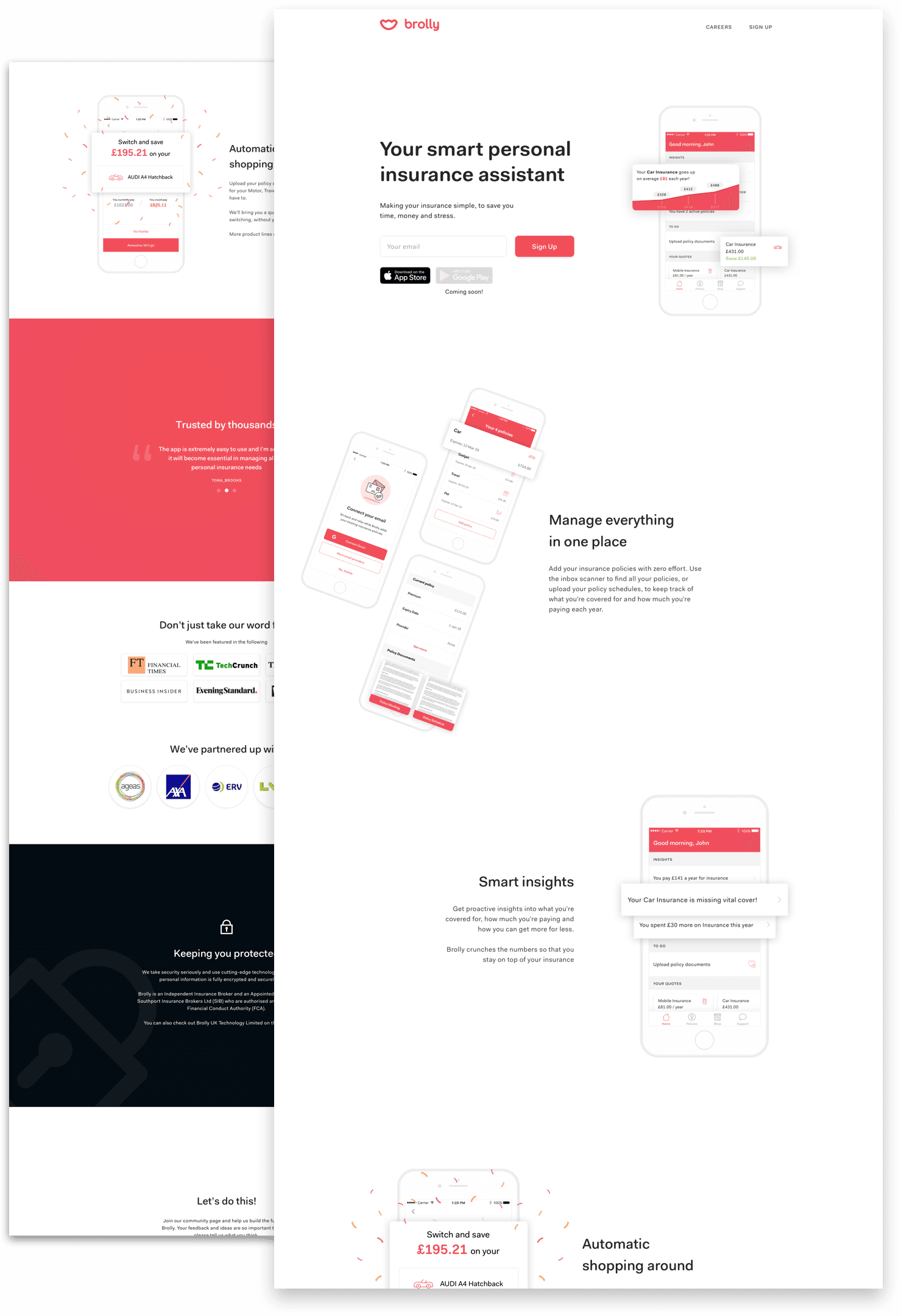 Brolly website landing page directing visitors toward the app, shop, or advisor