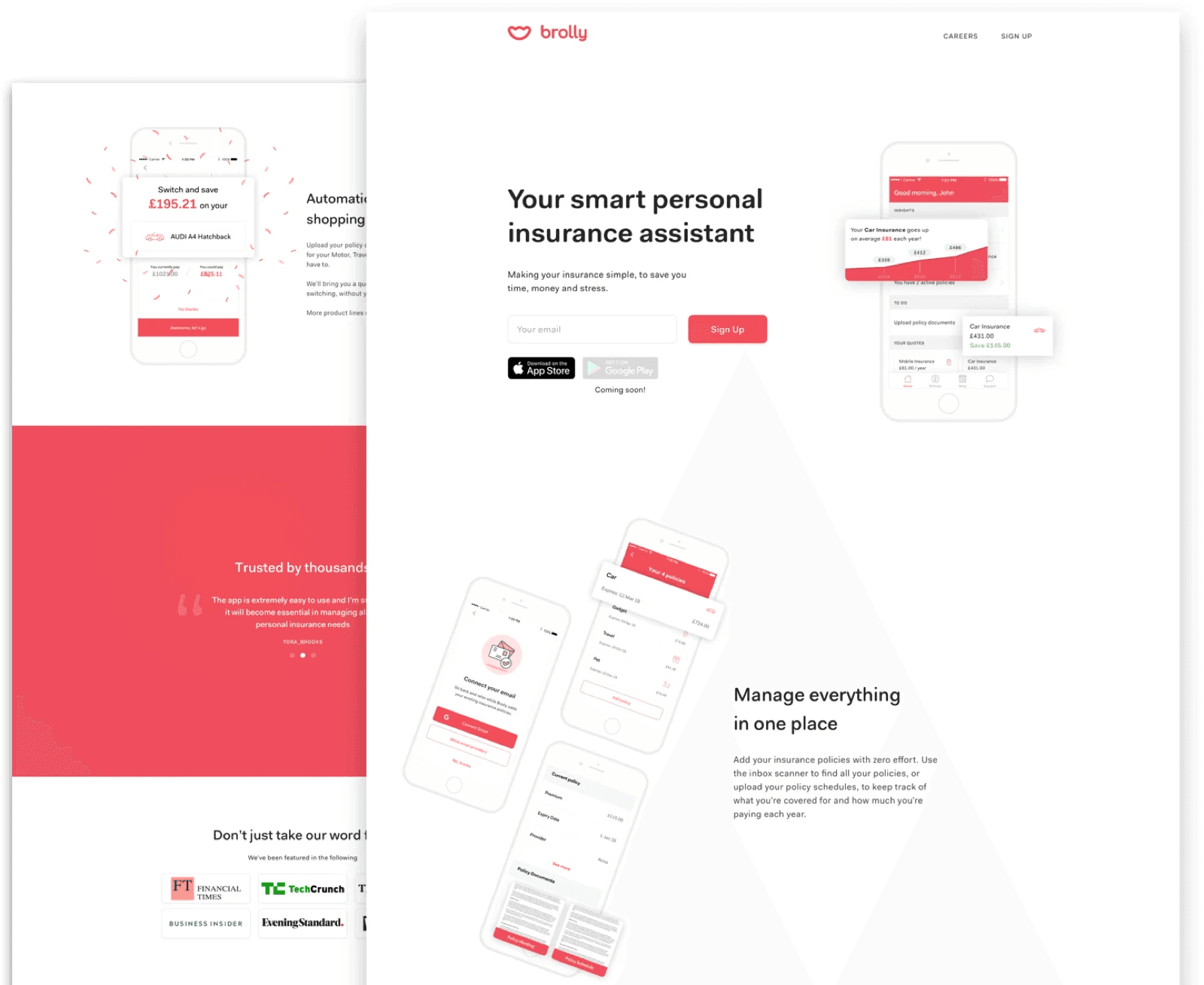The Brolly website hero section showing the smart personal insurance assistant messaging