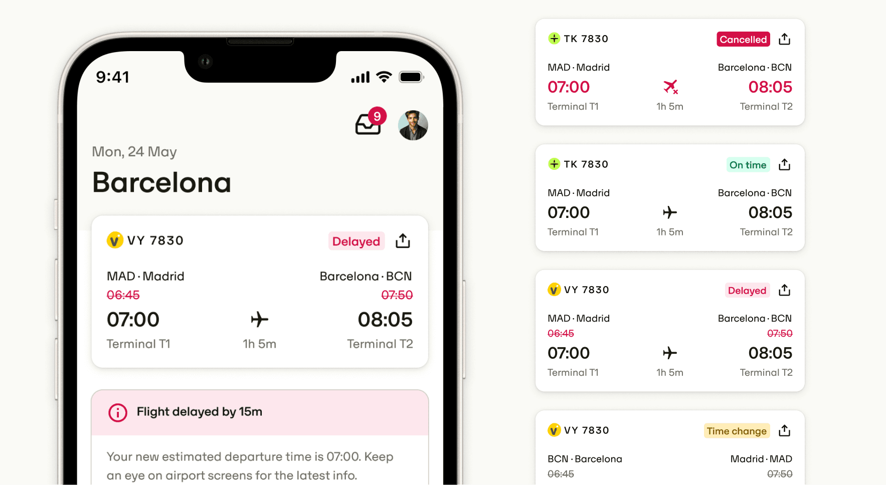 Phone screens showing flight status cards with delay and cancellation states