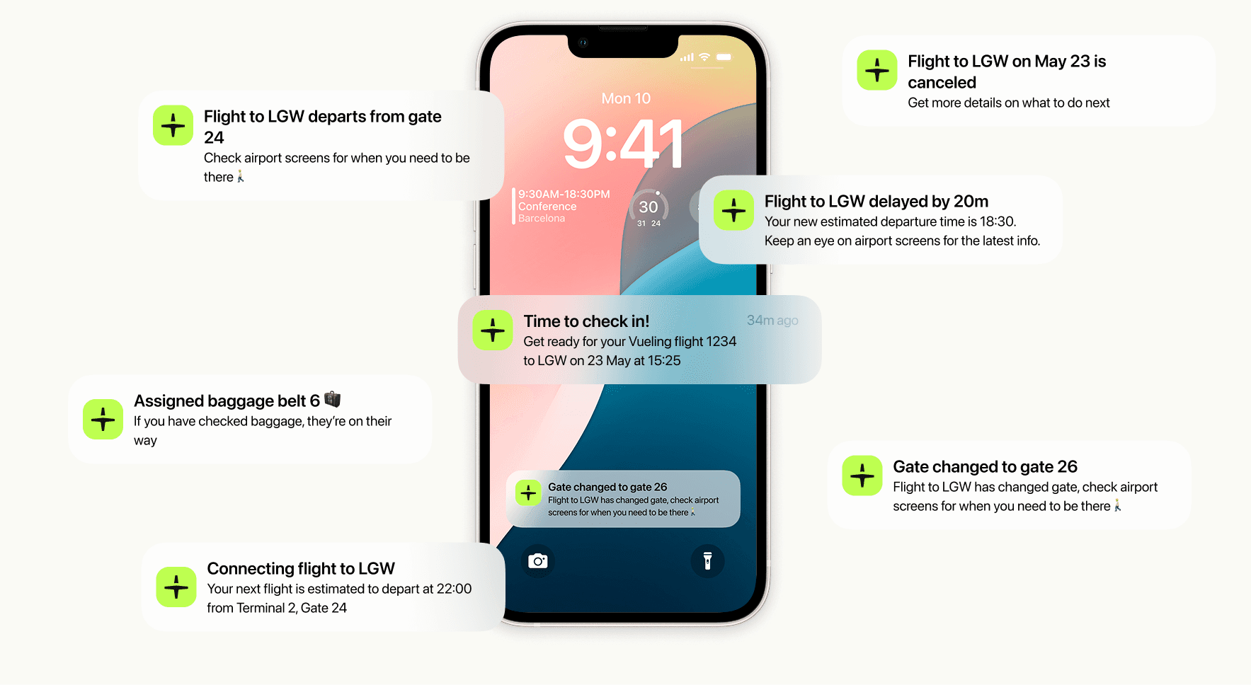 Phone screen showing push notifications for flight status updates