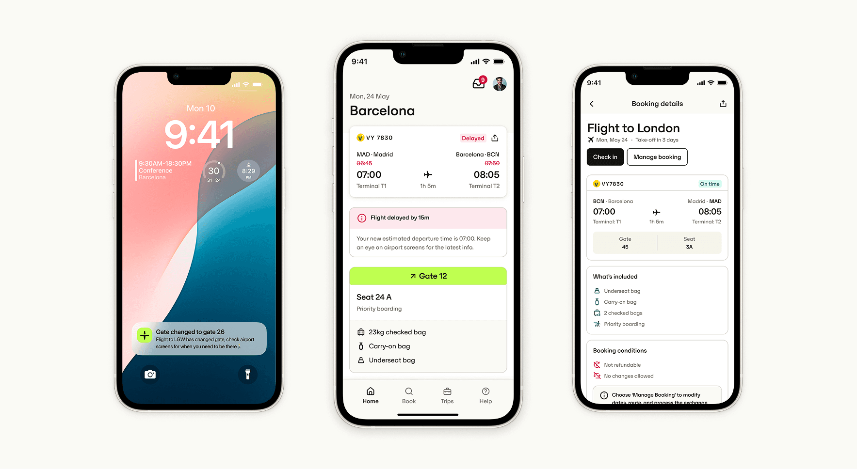 Three phone screens showing the flight status home screen, flight details, and booking details