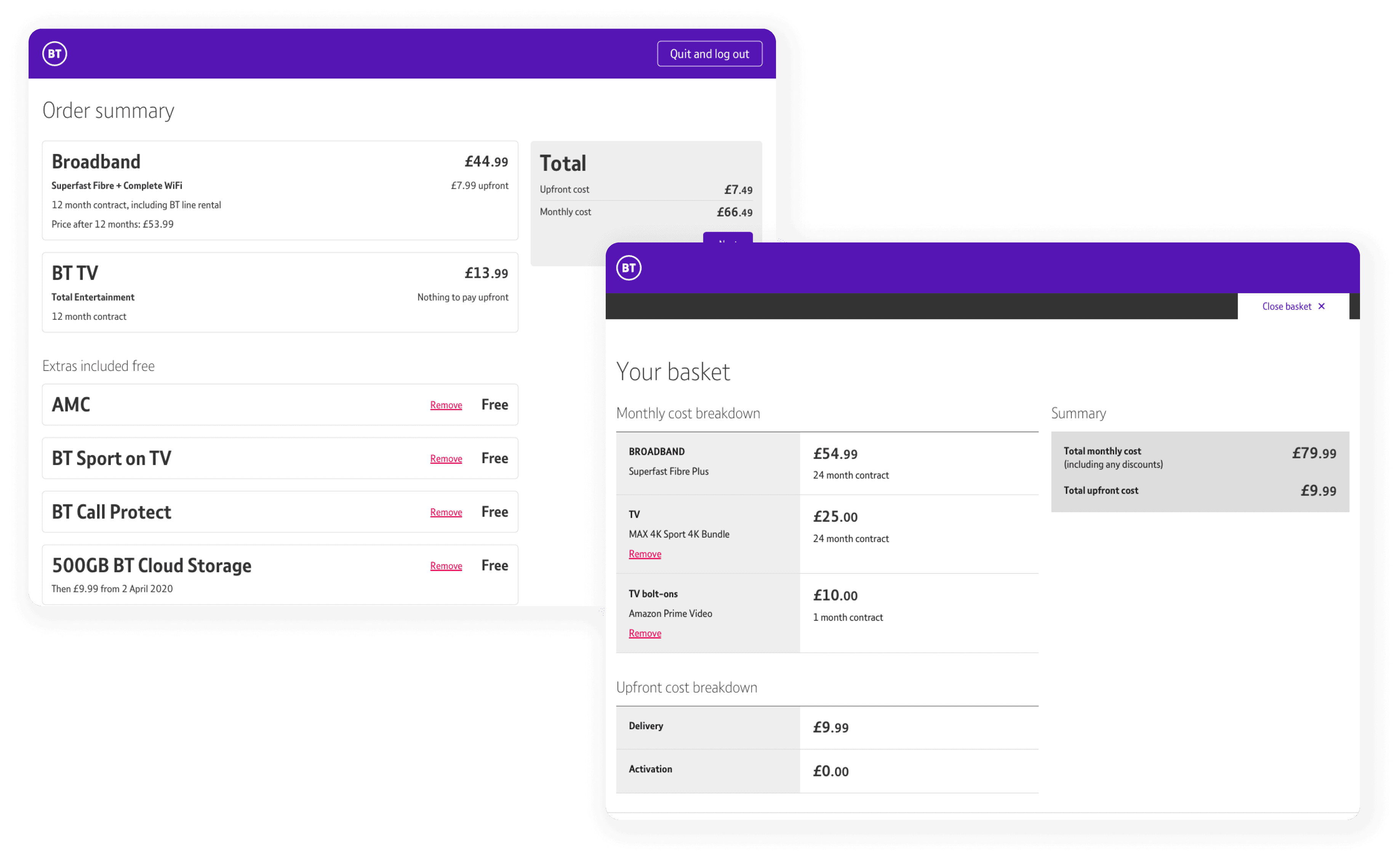 The redesigned basket and order summary screens