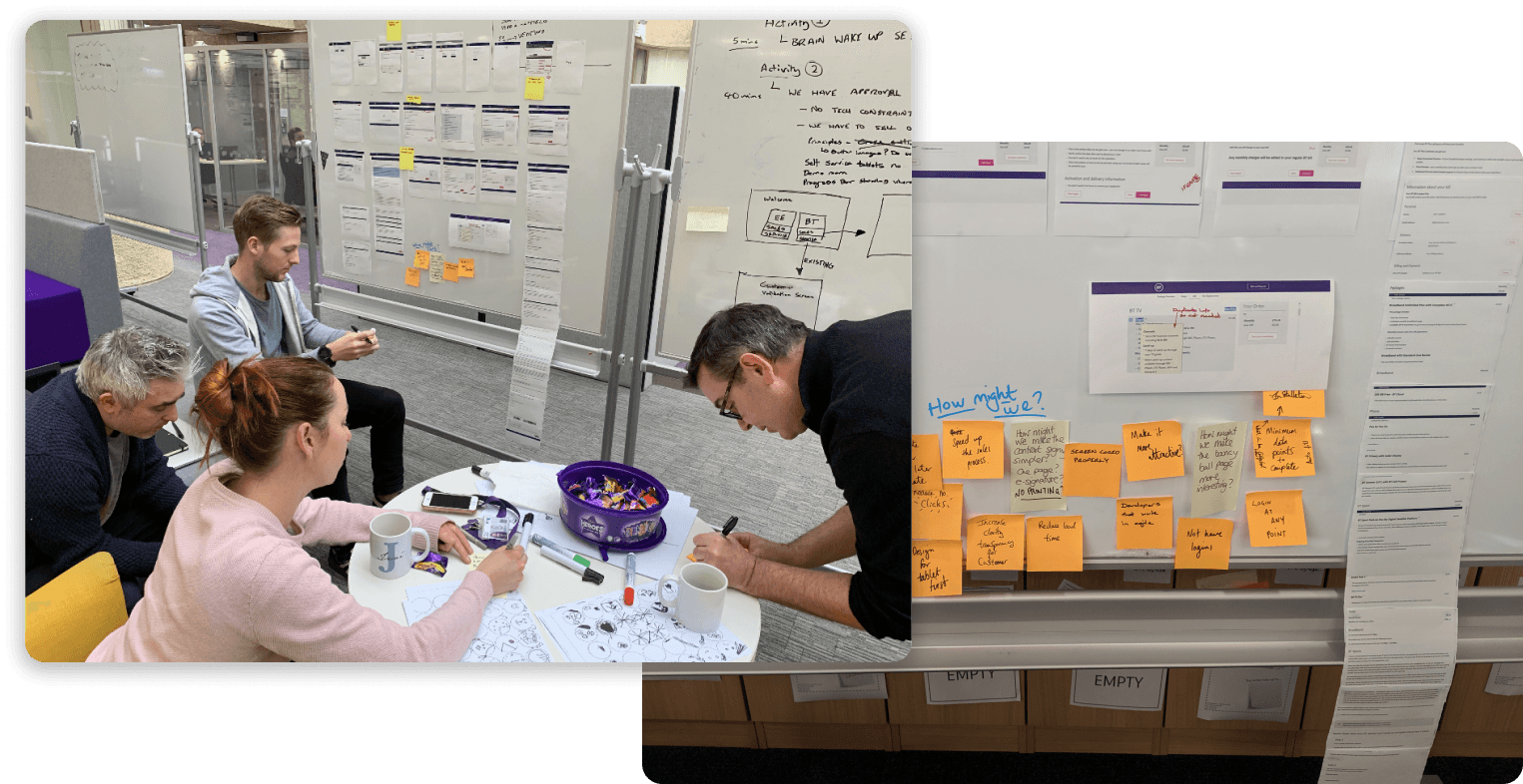 A whiteboard covered in printed screens from the existing platform, annotated during a heuristic evaluation