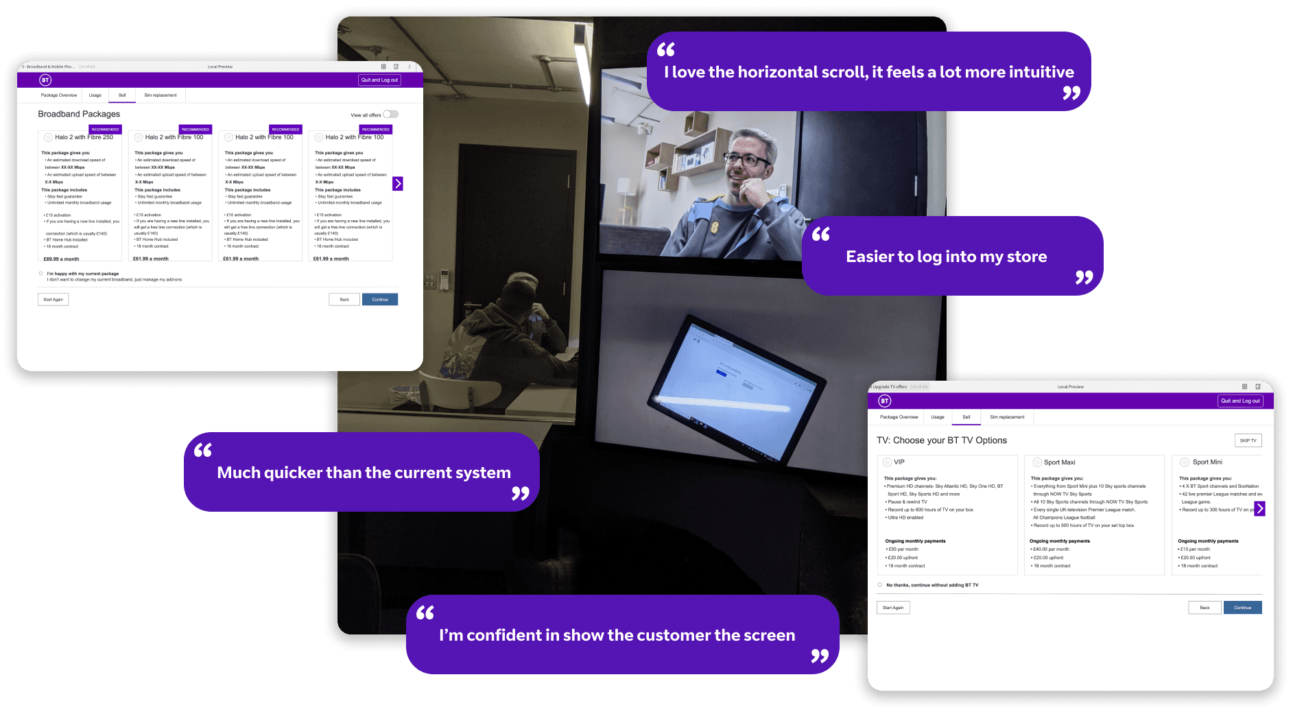 Prototype screens for the new store sales flow shown alongside photos of advisors testing them