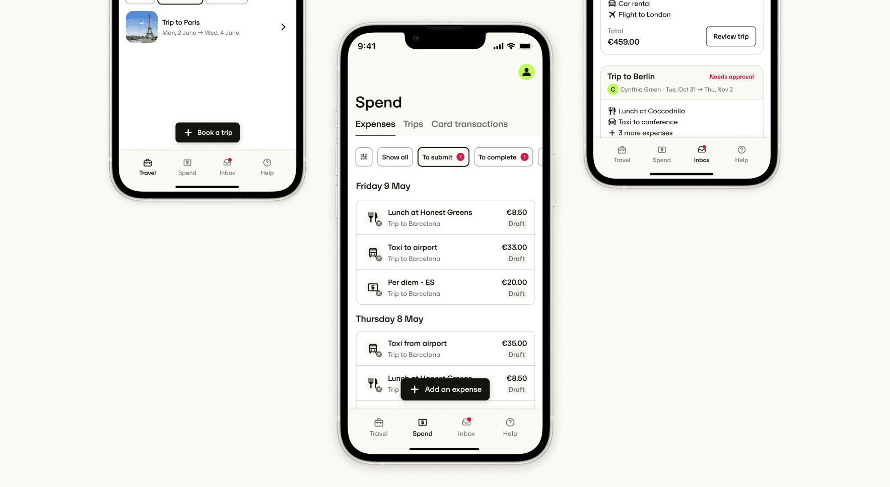 Three phone screens showing the Travel, Spend, and Inbox tabs of the redesigned app