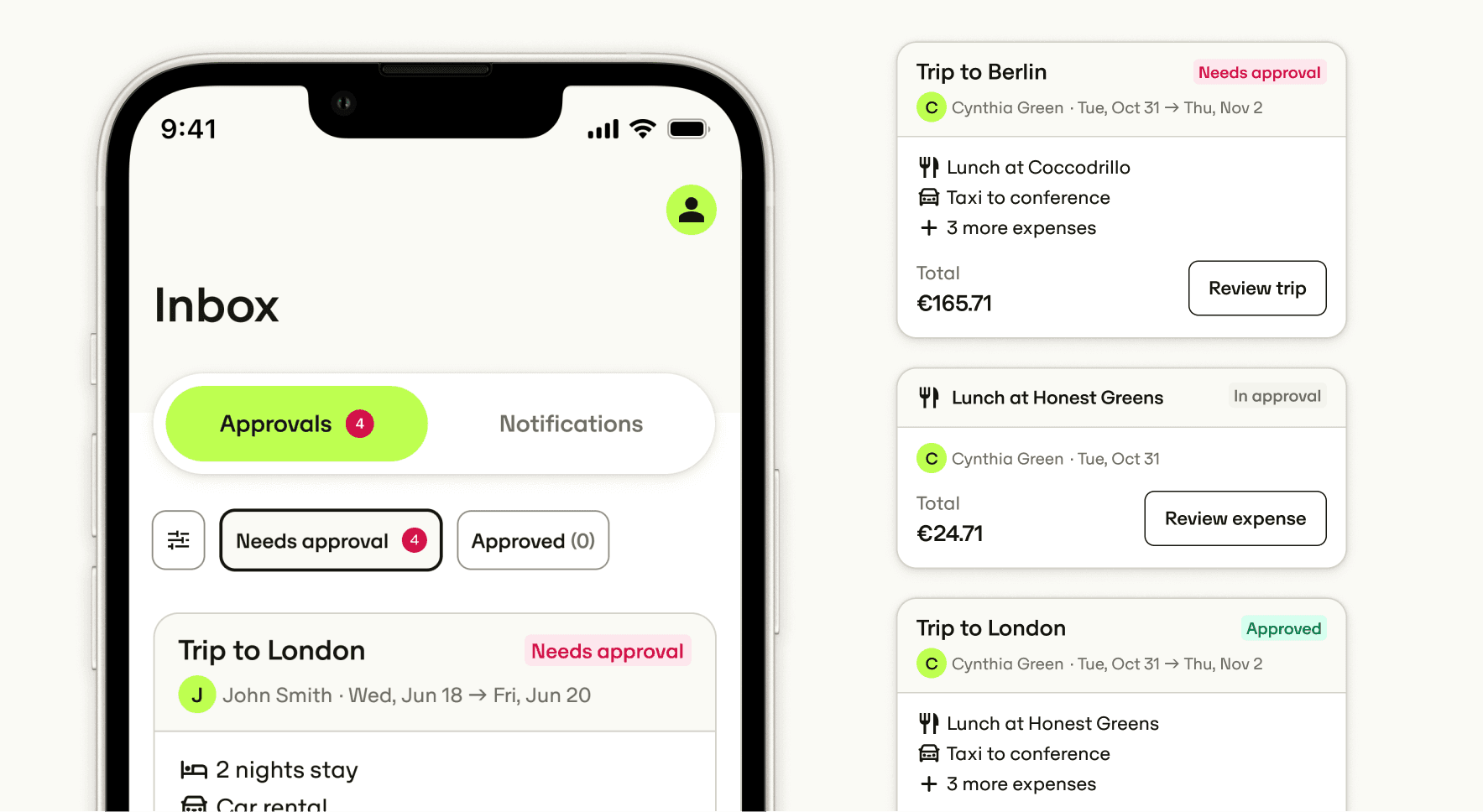 Two phone screens showing the Inbox tab with approvals and notifications