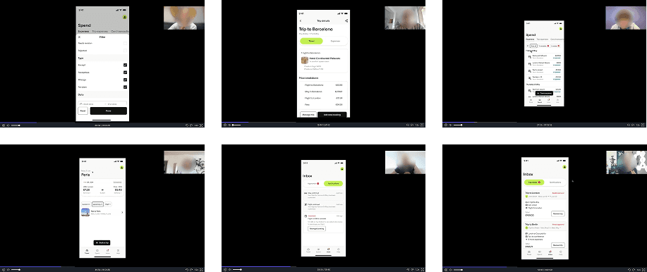 Video call screenshots and a workshop board from usability testing sessions