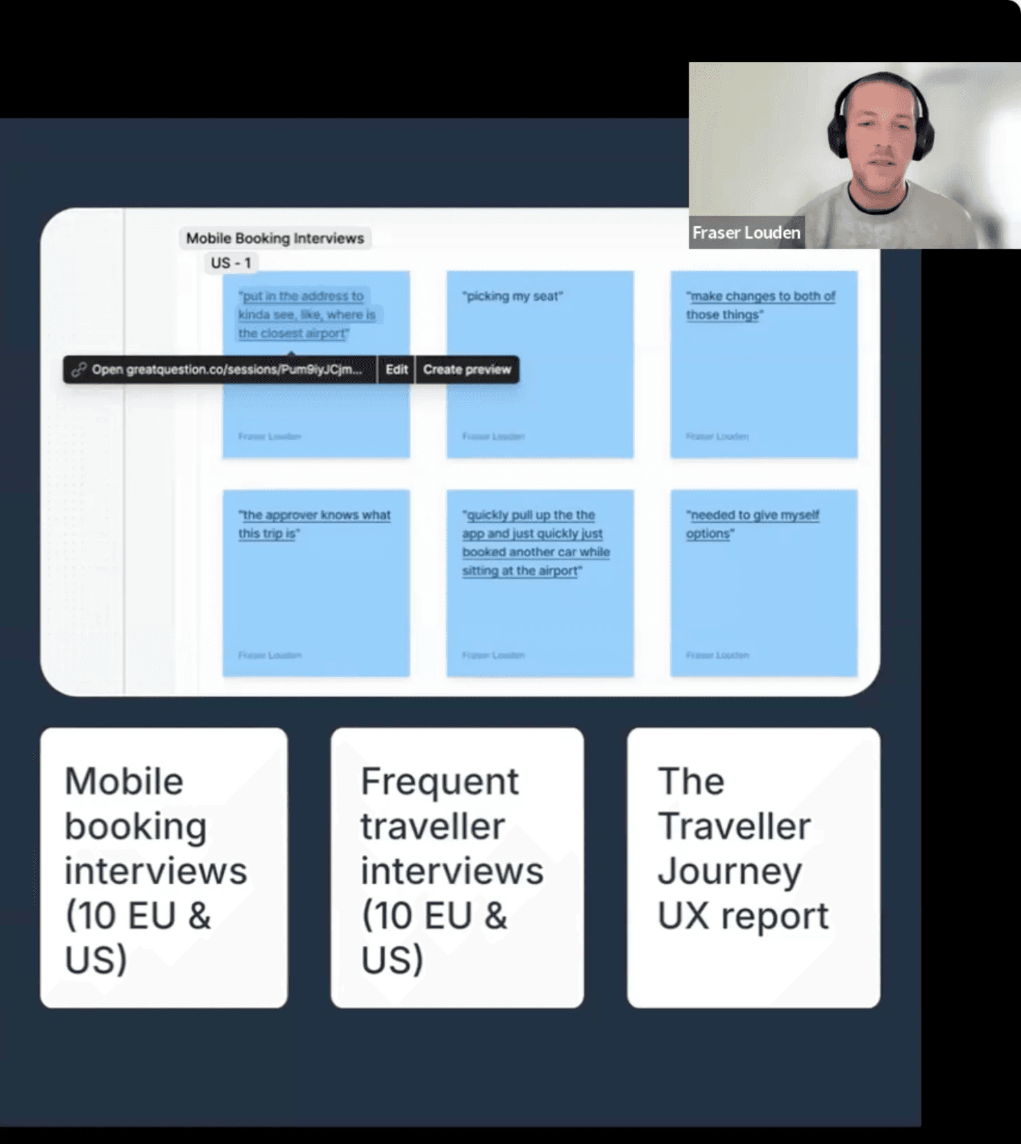 Mental model research summary cards for mobile booking and frequent traveler interviews