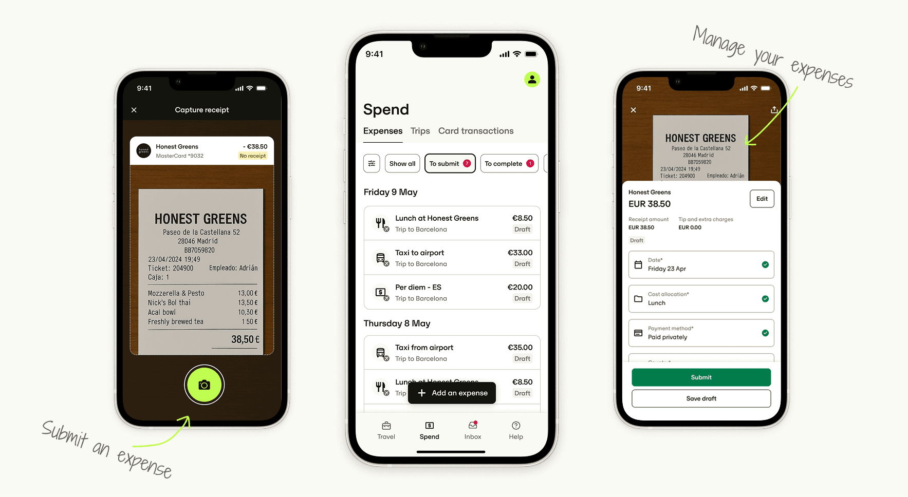 Three phone screens showing the Spend tab with expenses, receipt capture, and card transactions