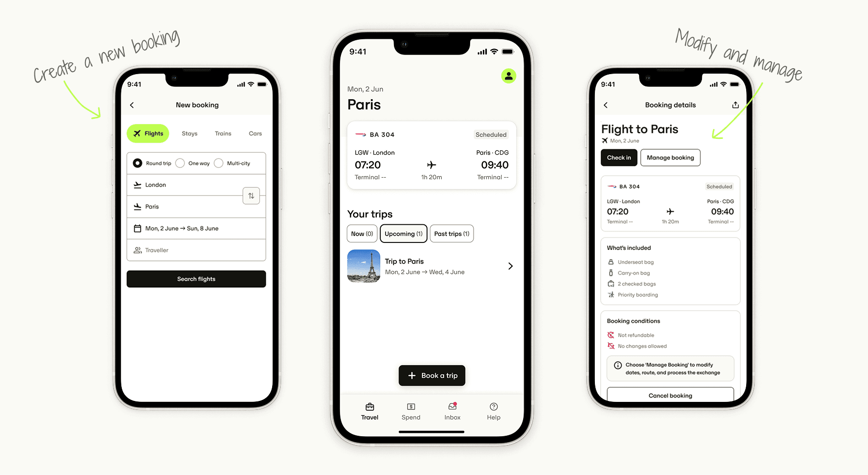Three phone screens showing the Travel tab, including trip booking and in-trip details