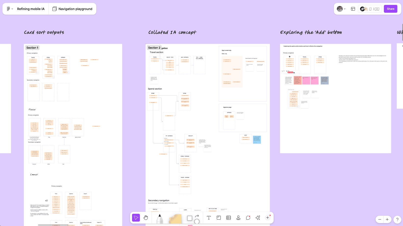 FigJam board with multiple navigation prototype explorations